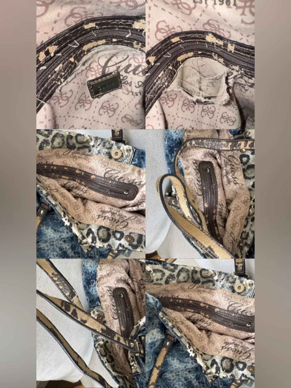 Vintage GUESS Blue Denim Logo Print Large Monogram Y2K Tote Shoulder Bag-READ
